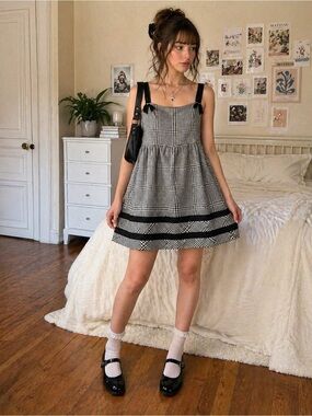 Kimchi Blue Plaid Mini Dress Black White Bow Strap Babydoll Coquette XL